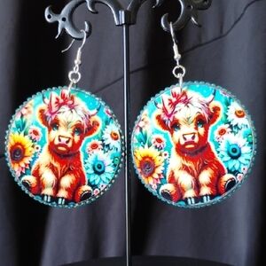 Highland Cow Earrings with Colorful Floral Design